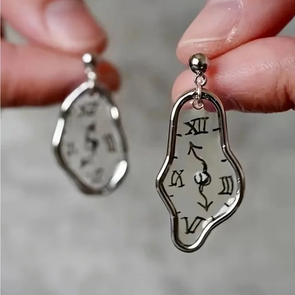 Silver Melting Clock Dangle Earrings - Picture 1 of 4